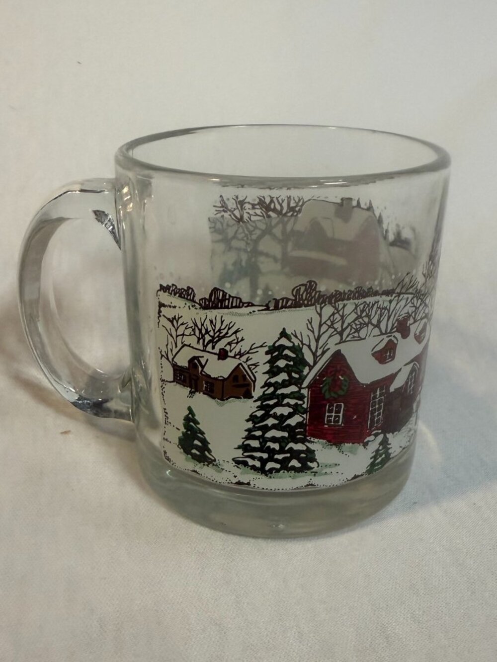 Libbey Glass Christmas Mug 12oz Vintage 1970s Winter Village Holiday Snow USA